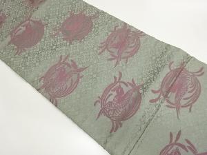 尾長鶏文に花菱模様織出し開き名古屋帯（額縁仕立て）